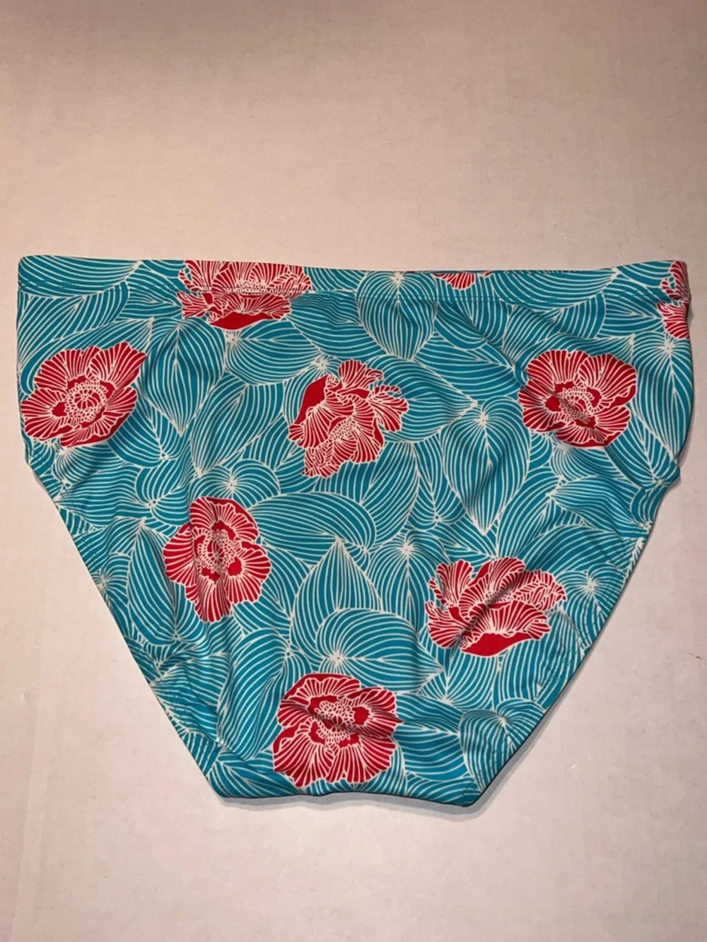 L.L. Bean Turquoise Bikini Bottoms with Red Floral Print Size 12